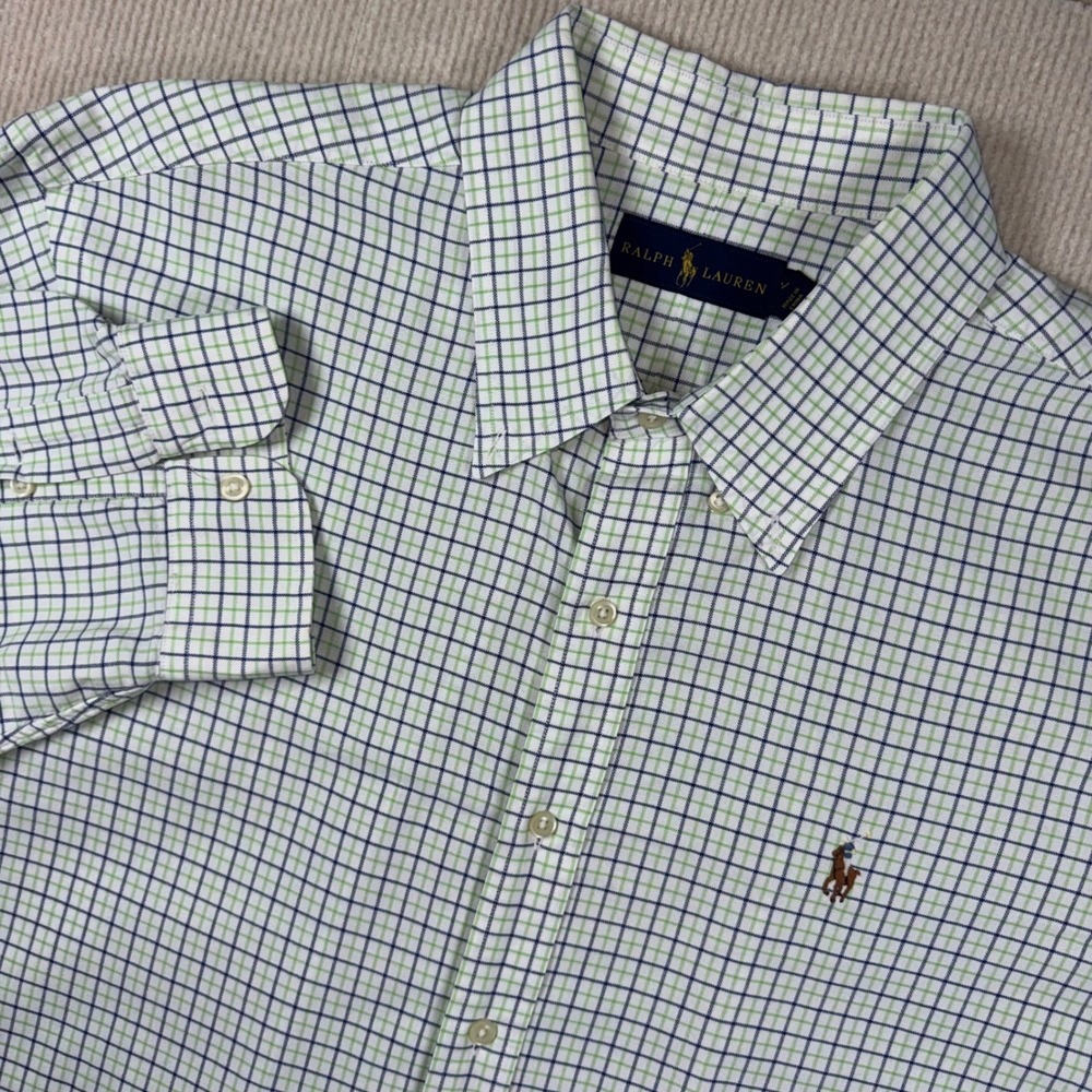 Ralph Lauren Button Down Mens XXL White Navy Green Tattersall Check Cotton Shirt